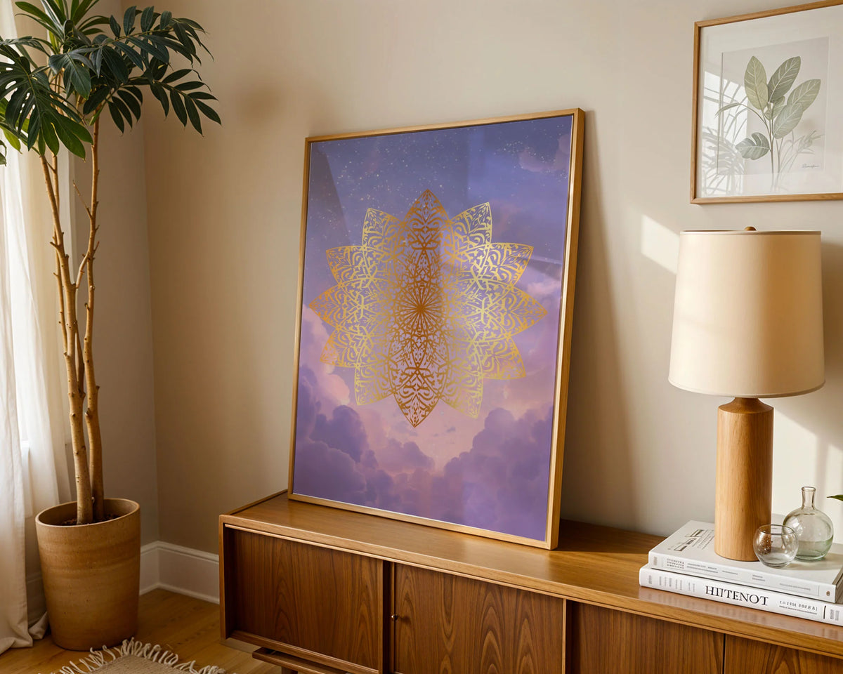 Framed Poster A4 Classic Wood Frame - Detailed gold mandala with symmetrical petal arrangement on soft purple starlit background