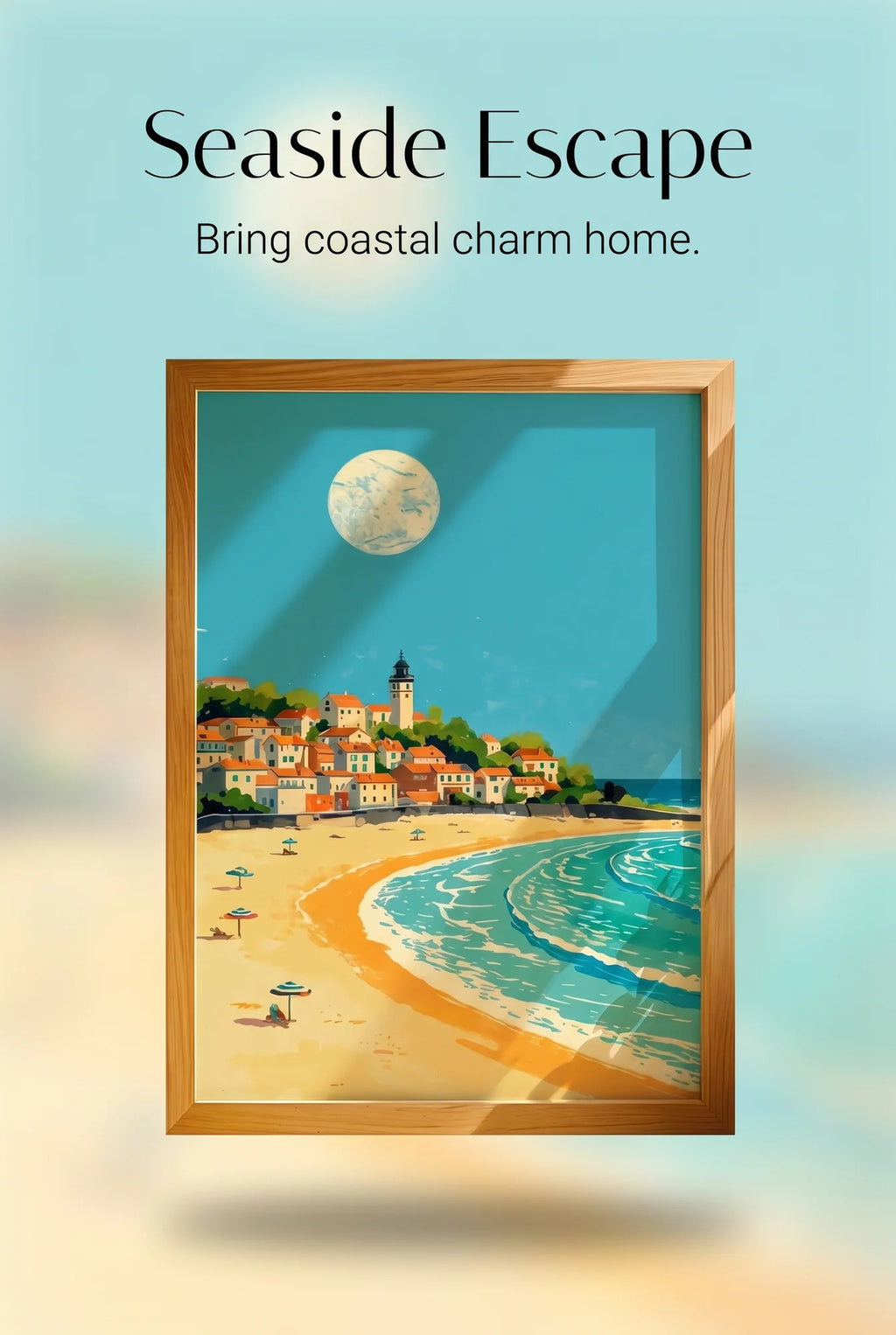 Coastal Town Beach Wall Art Print A3 - Serene Mediterranean beach landscape with traditional village nestled on hillside, sandy beach with few visitors, vibrant turquoise sea, and pale moon in clear sky