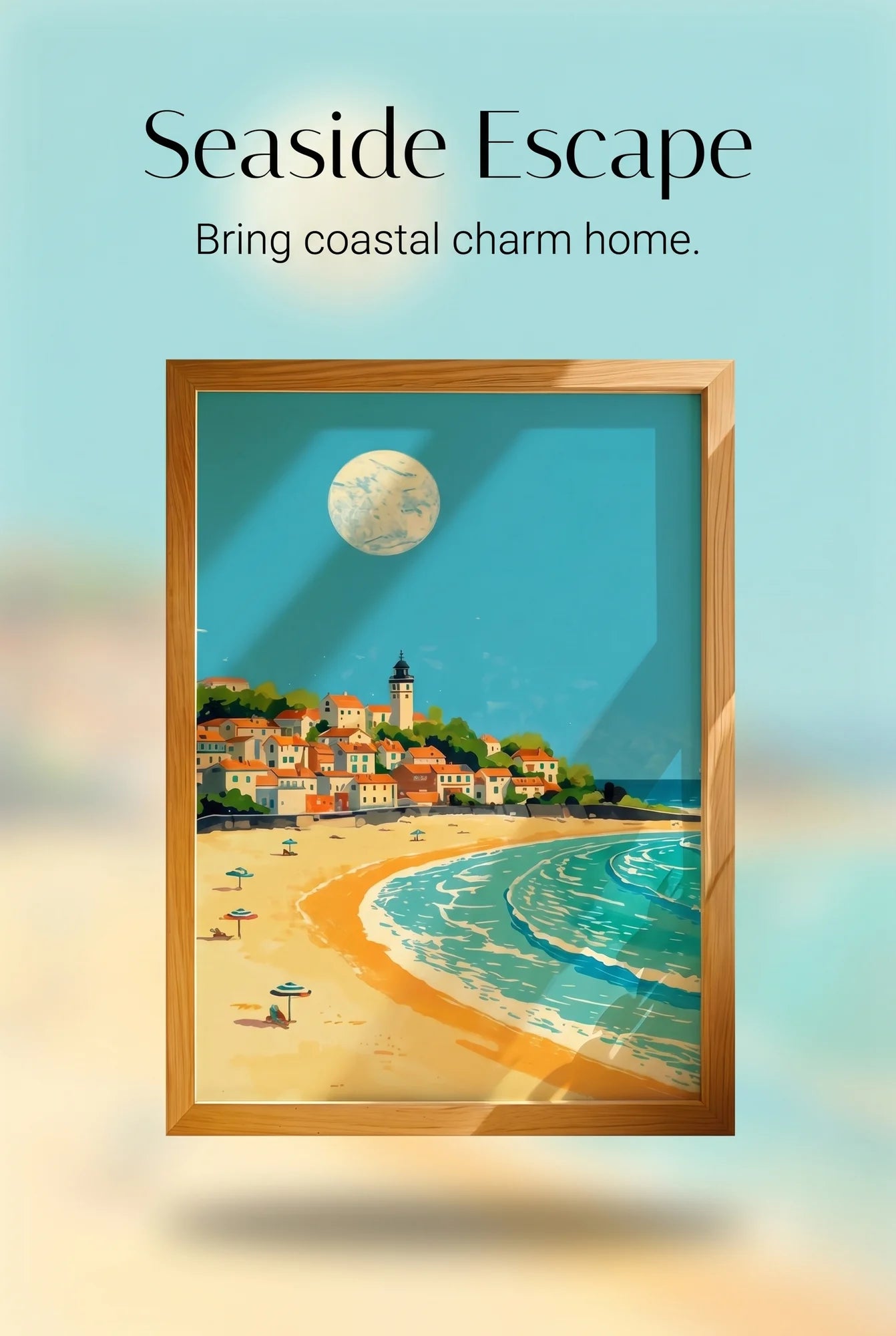Coastal Town Beach Wall Art Print A3 - Serene Mediterranean beach landscape with traditional village nestled on hillside, sandy beach with few visitors, vibrant turquoise sea, and pale moon in clear sky