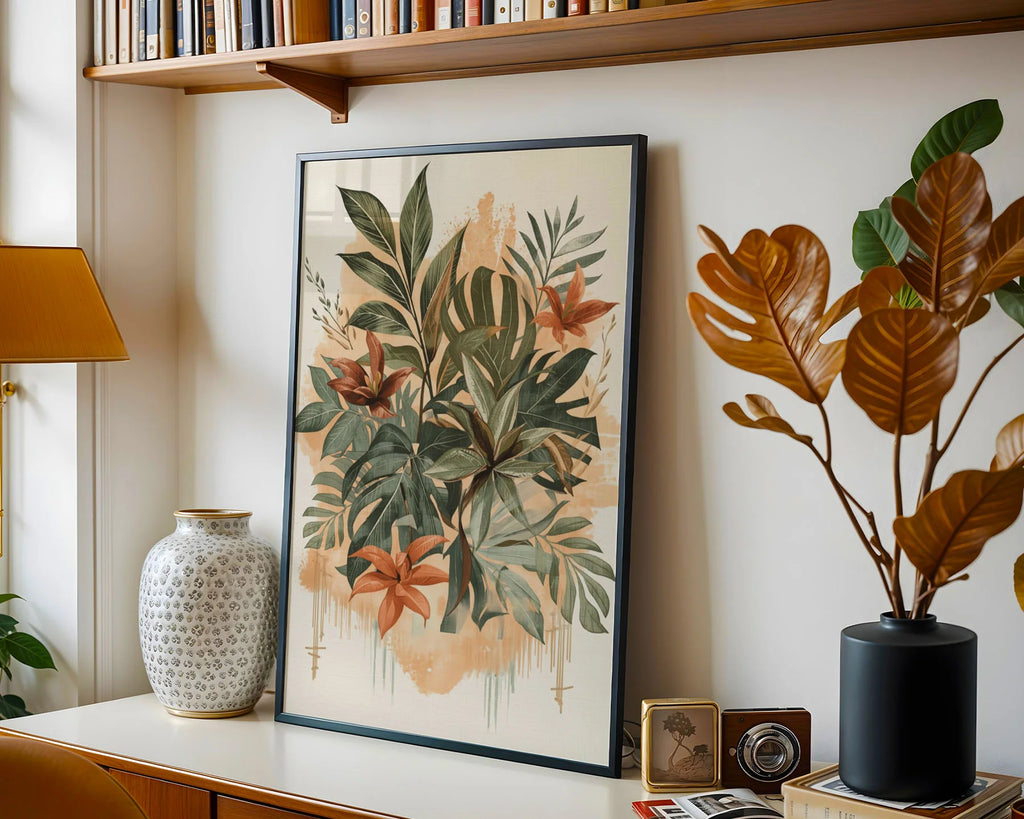 Framed Poster A2 - Large format botanical print featuring layered foliage arrangement with rust-colored blooms and watercolor wash elements