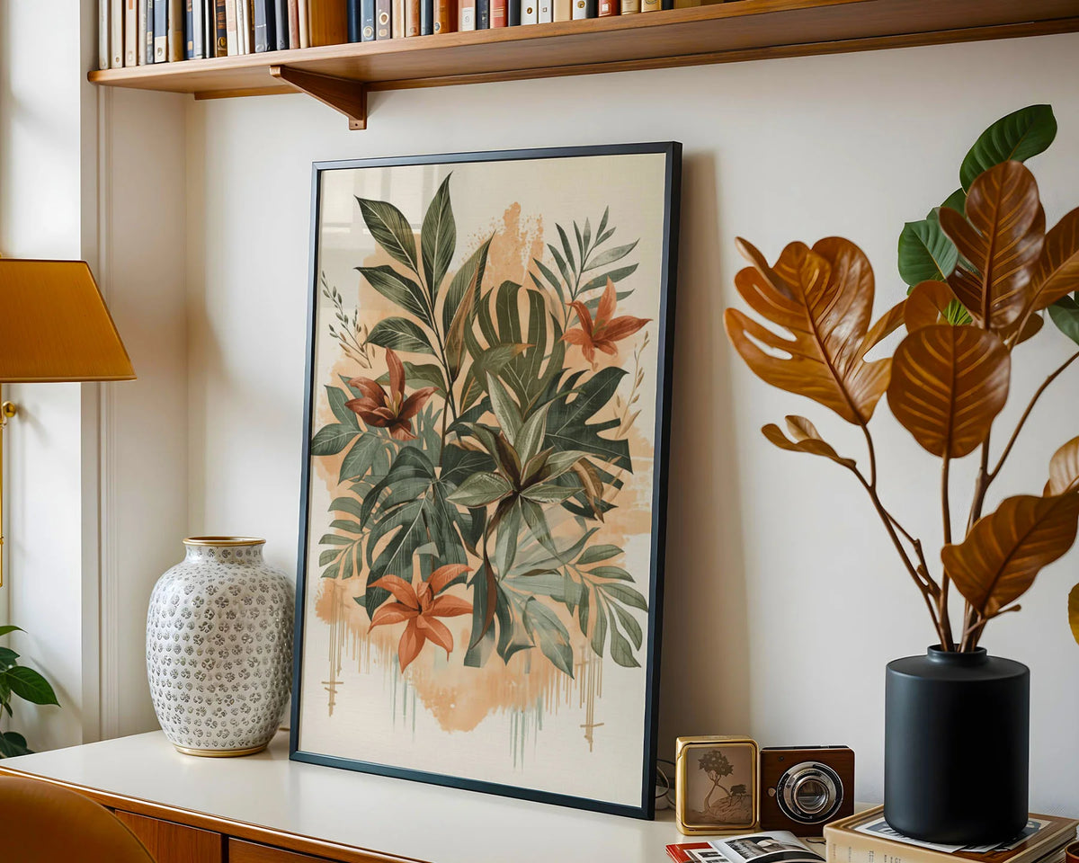 Framed Poster A2 - Large format botanical print featuring layered foliage arrangement with rust-colored blooms and watercolor wash elements