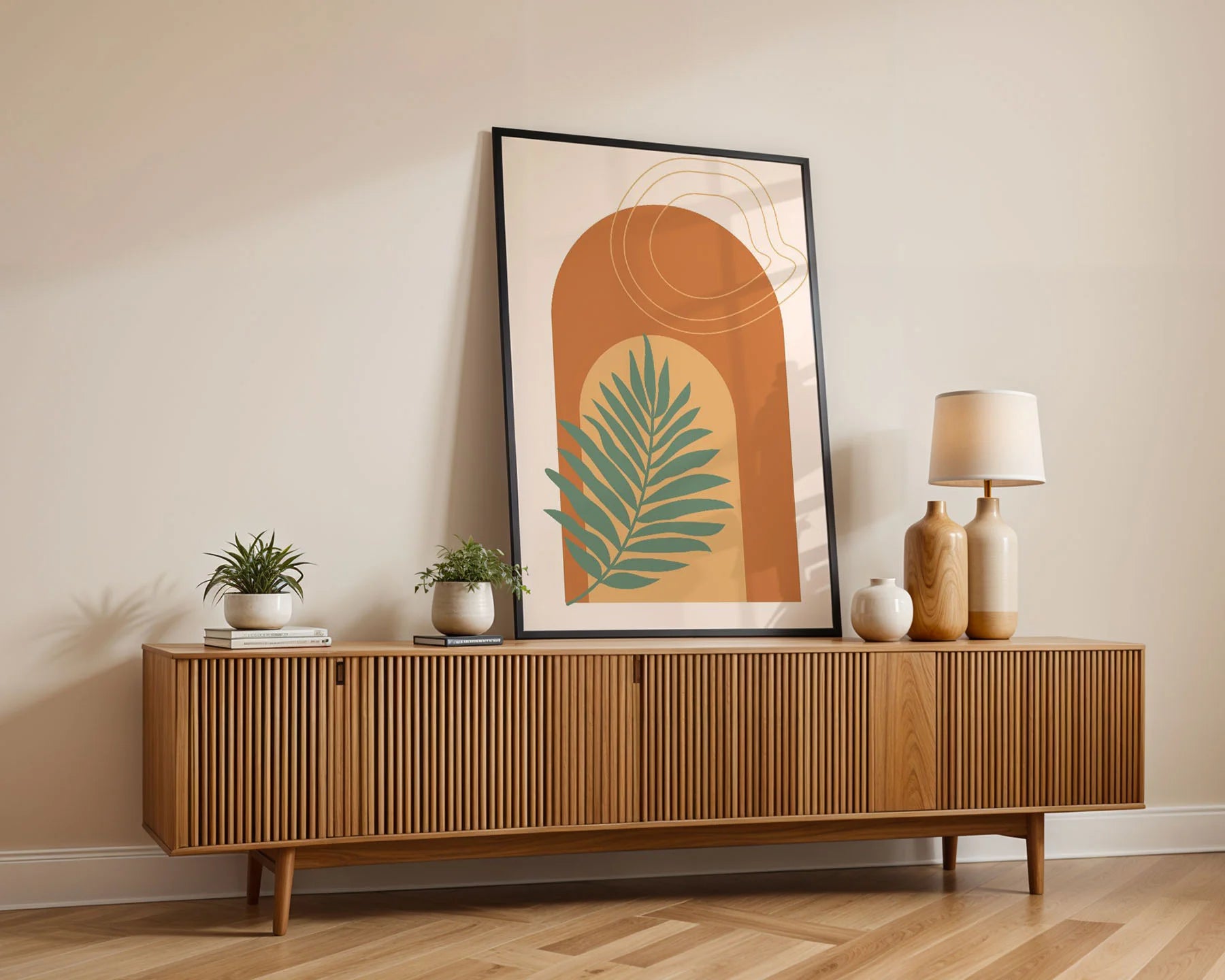 Framed Poster A2 Classic White Frame - Modern abstract boho design with green palm frond centered in cream circle, framed by warm terracotta and ochre arched geometric elements