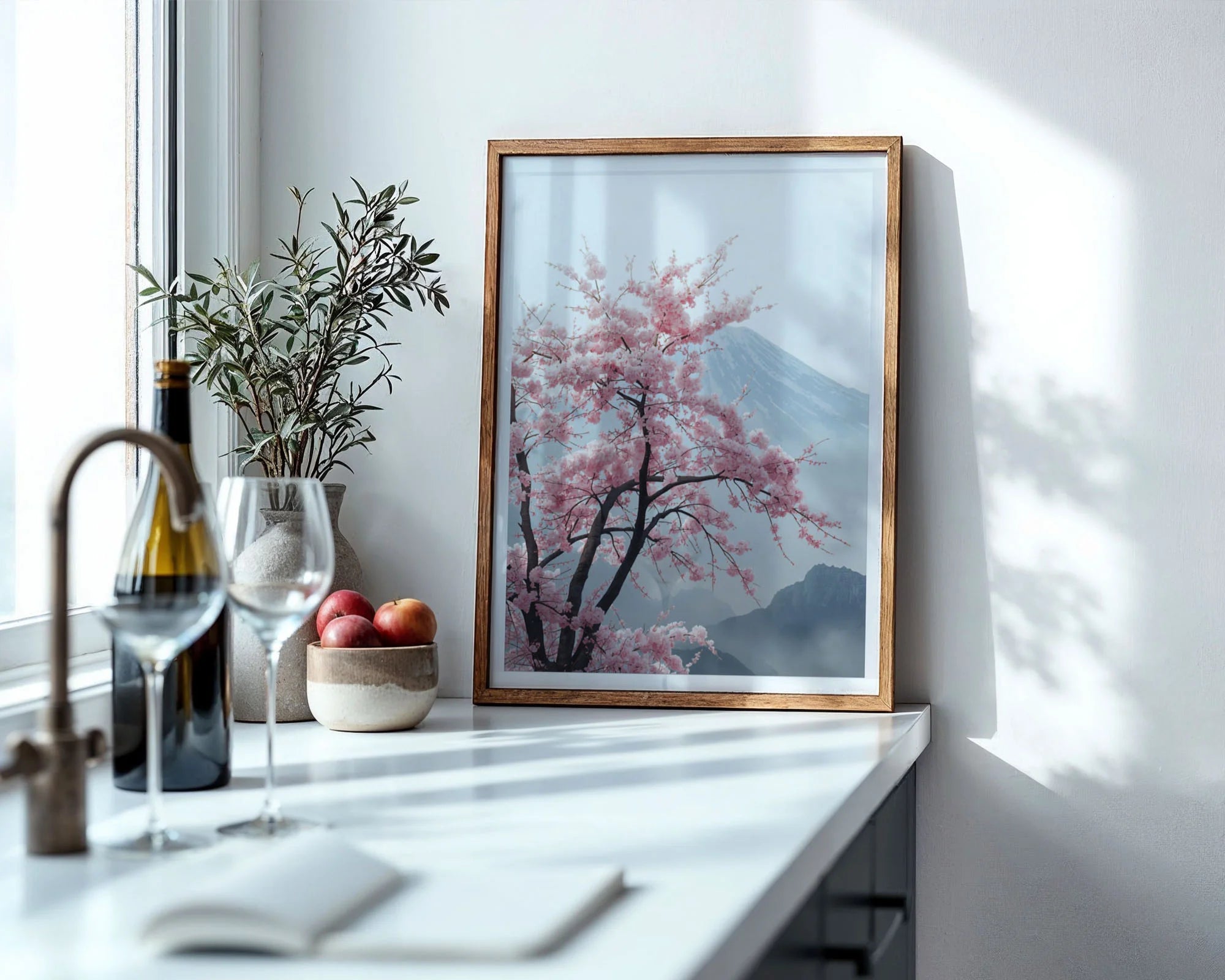 Framed Poster A3 Classic Black Frame - Expansive view of blossoming sakura tree with layered mountain peaks behind