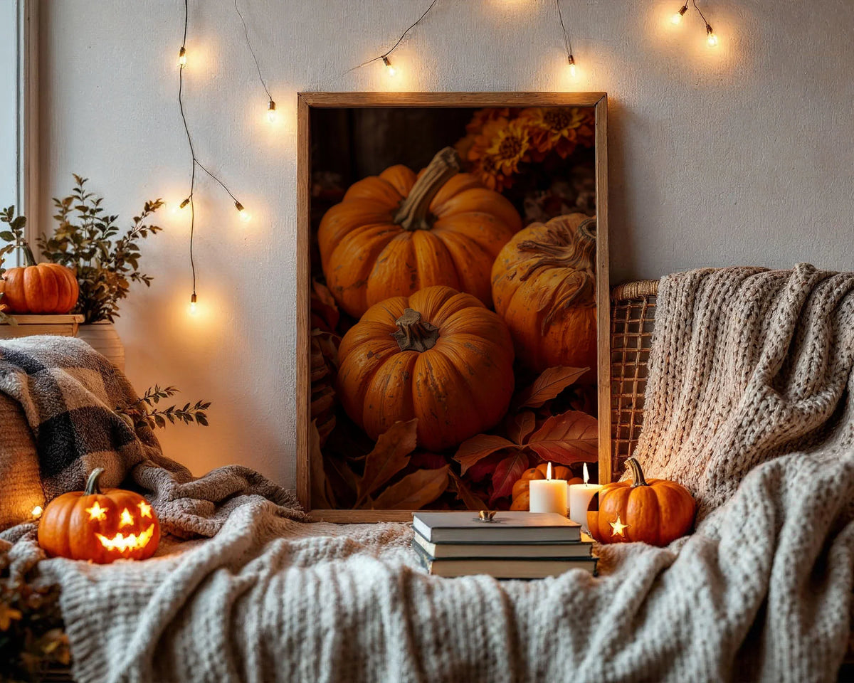 Framed Poster A4 No Mount - Close-up pumpkin artwork revealing intricate ridge patterns, burnt orange coloring, and rustic natural elements on matte paper