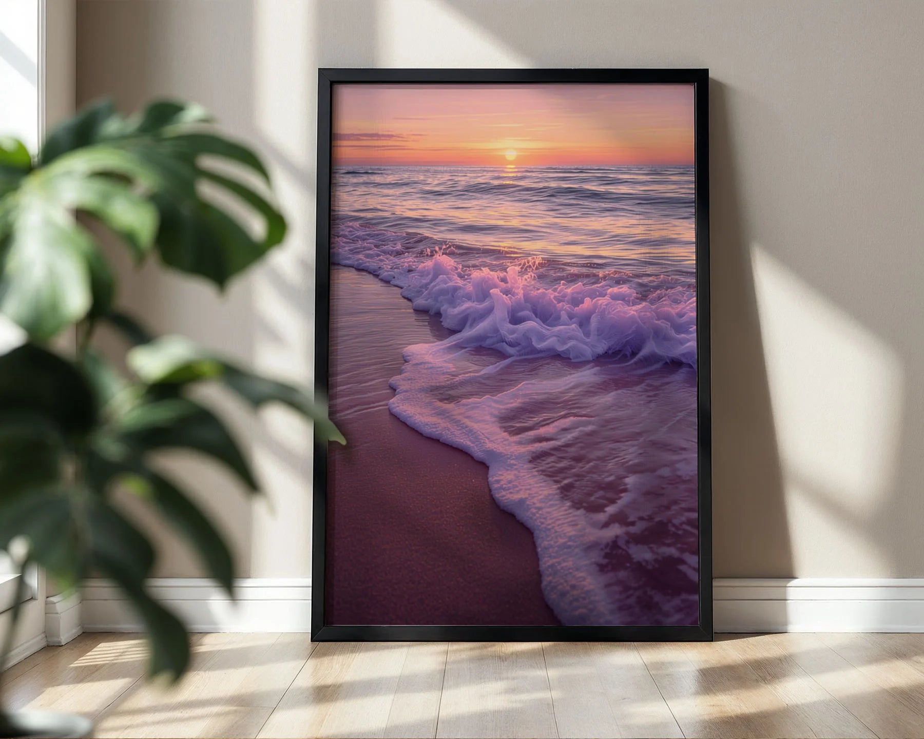 Framed Poster A4 No Frame Mount - Close-up beach sunset showing textured foaming waves and rich gradient sky from orange to soft pink hues