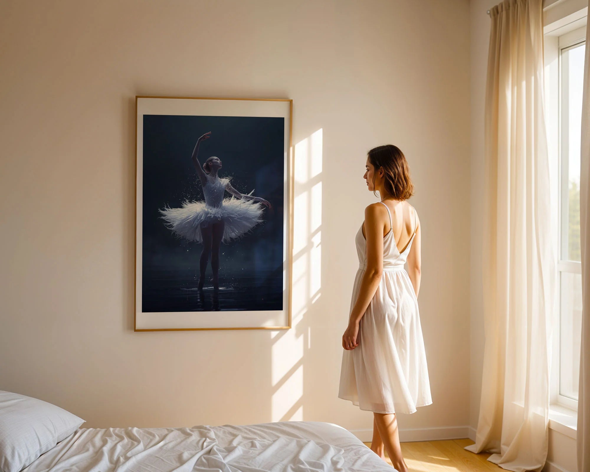 Framed Posters No Mount A4 - Ballet performer in elegant position with flowing tutu and enchanting sparkle effect