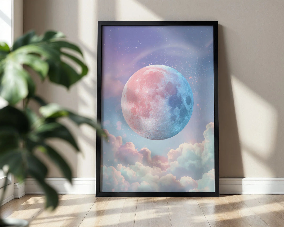 Framed Poster A2 Classic White Frame - Large celestial wall art showing a luminous moon suspended in a dreamy starry sky with soft pastel cloud layers