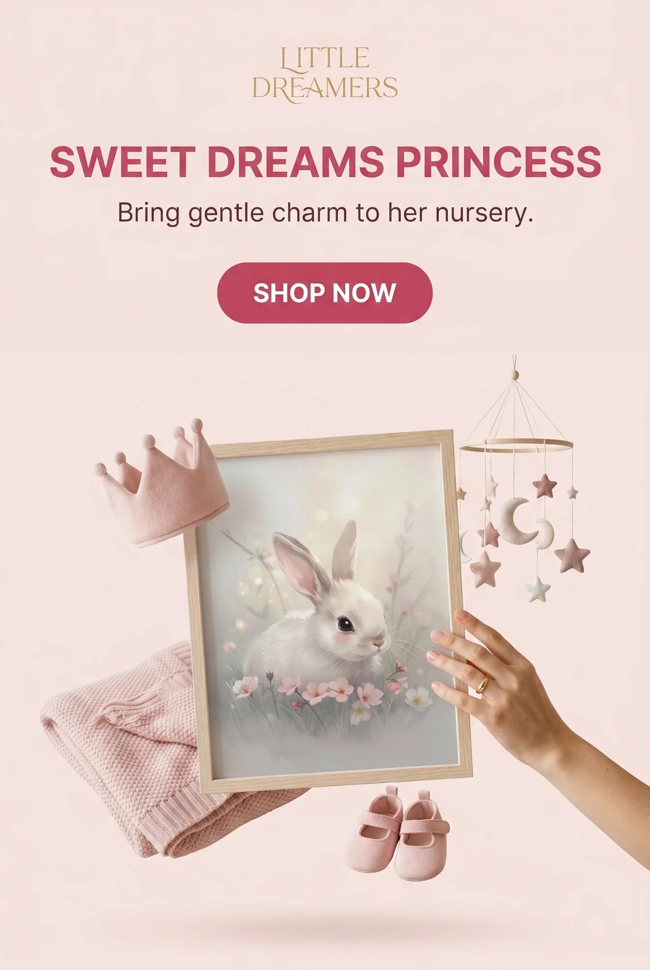 Framed Poster A3 Wood Frame - Charming baby rabbit artwork in warm pastels with soft watercolor finish displayed in natural wood frame