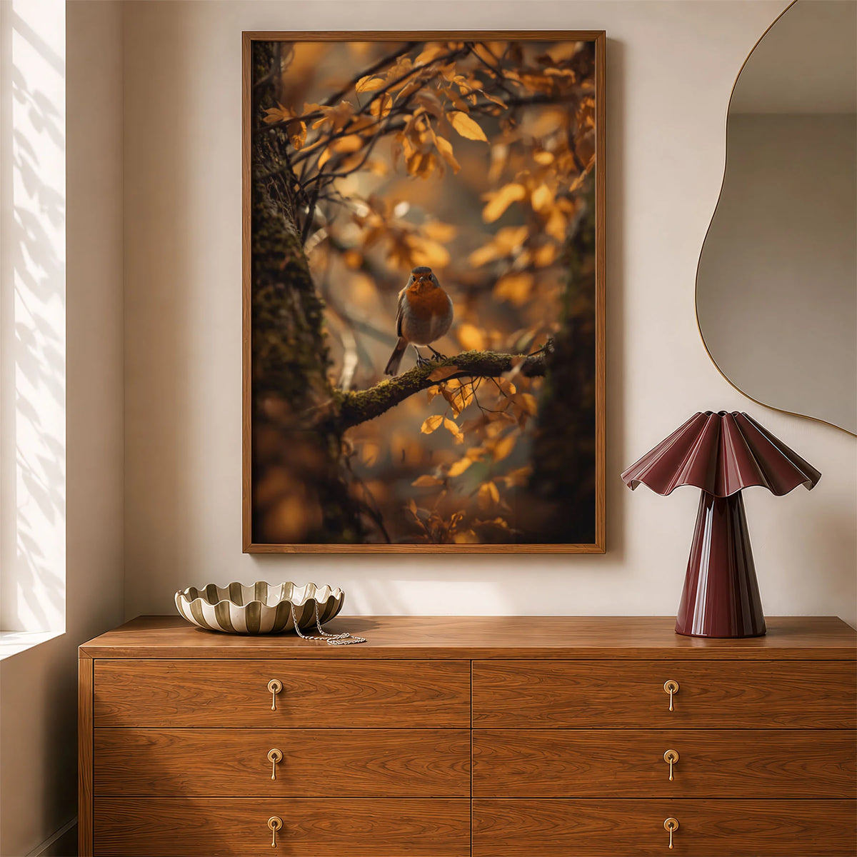 Framed Poster A2 Classic Wood Frame - Dramatic woodland photography print featuring robin in ethereal golden autumn setting