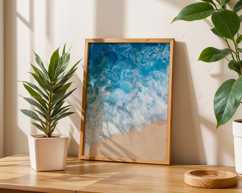 Framed Poster A3 Natural Wood Frame - Professional archival print of tranquil ocean scene with dynamic wave composition
