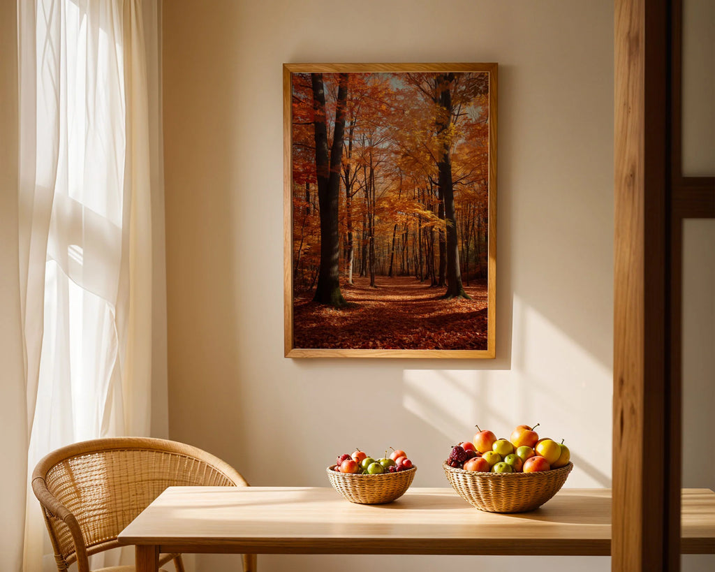 Framed Poster A3 Wood Frame - Beautiful autumn forest landscape with towering trees and soft warm lighting through golden foliage
