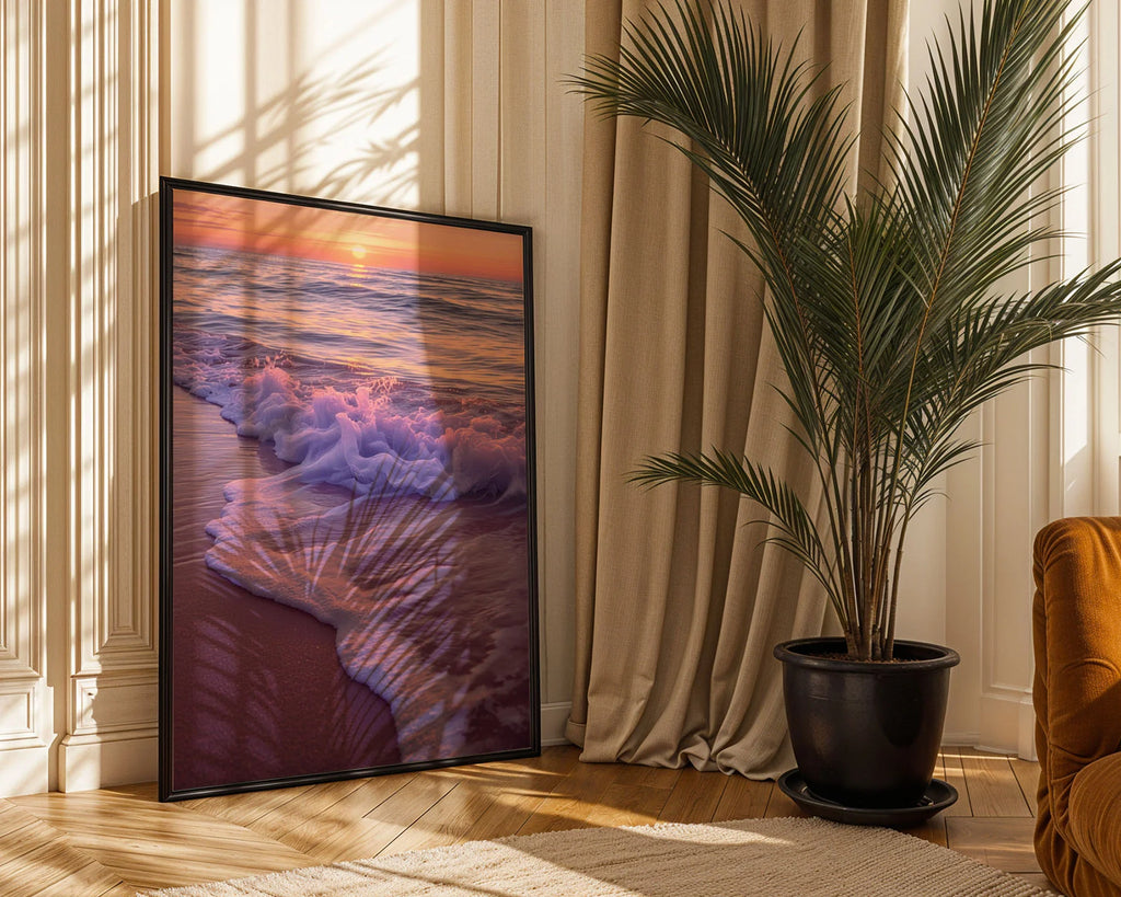 Framed Poster A2 Classic Black Frame - Large-scale sunset beach poster with detailed wave formations and soft, dreamlike golden hour atmosphere