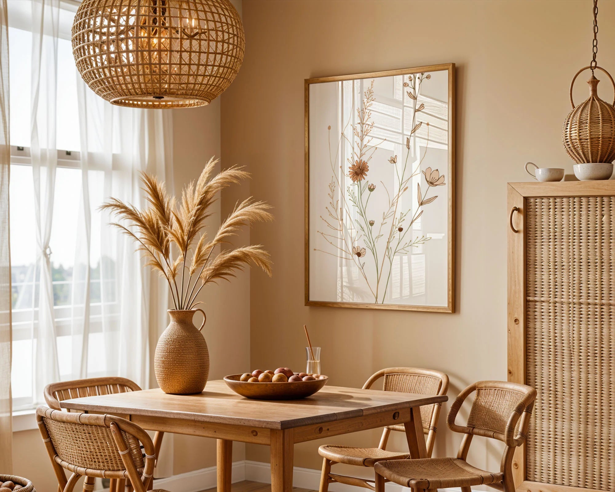Framed Poster A4 No Mount - Close-up view of boho wildflower artwork with intricate botanical details in soft warm earth tones and neutral colors