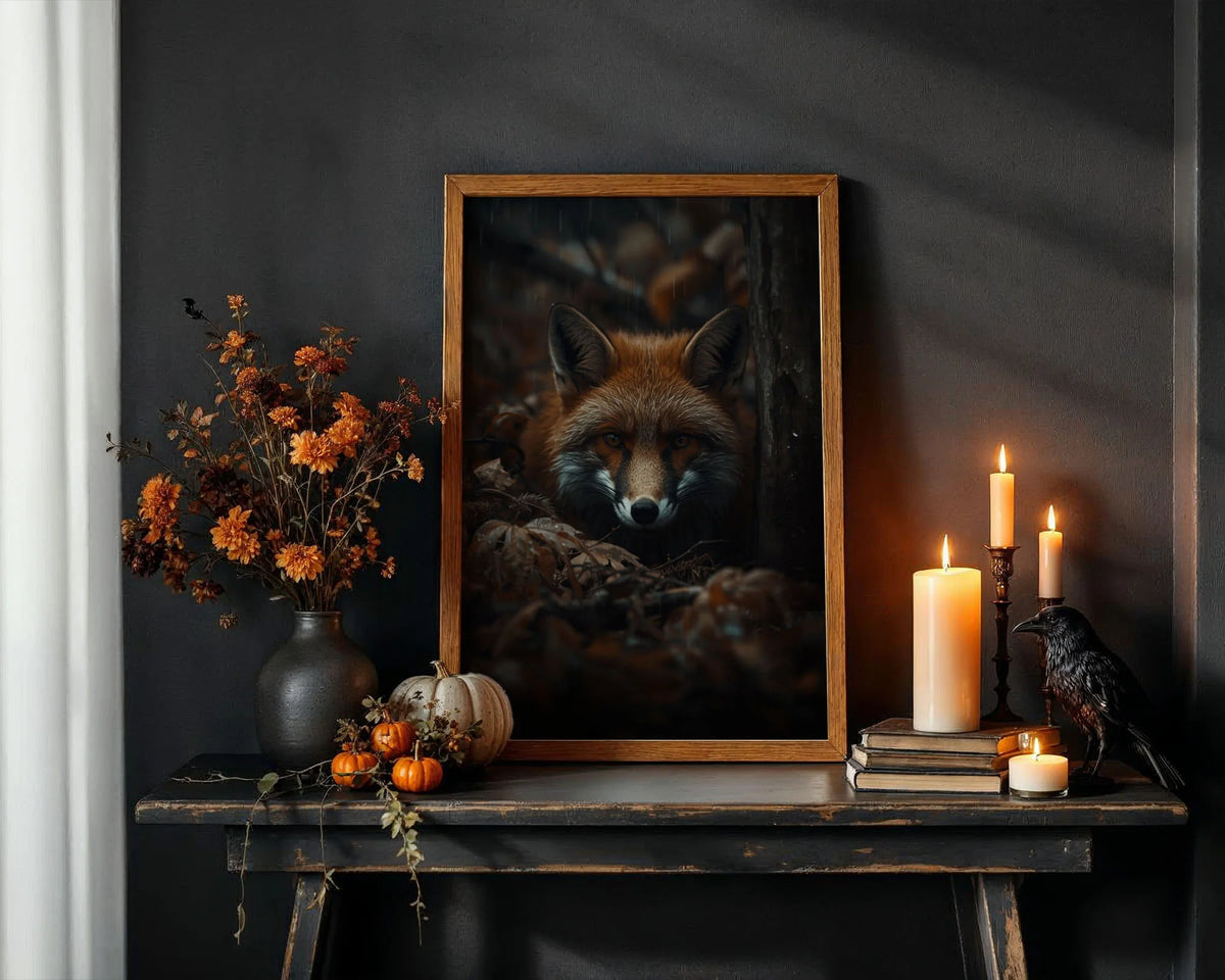 Framed Fox Print A2 Classic White - Oversized realistic fox face art with piercing gaze and rich warm colouring against dark moody background