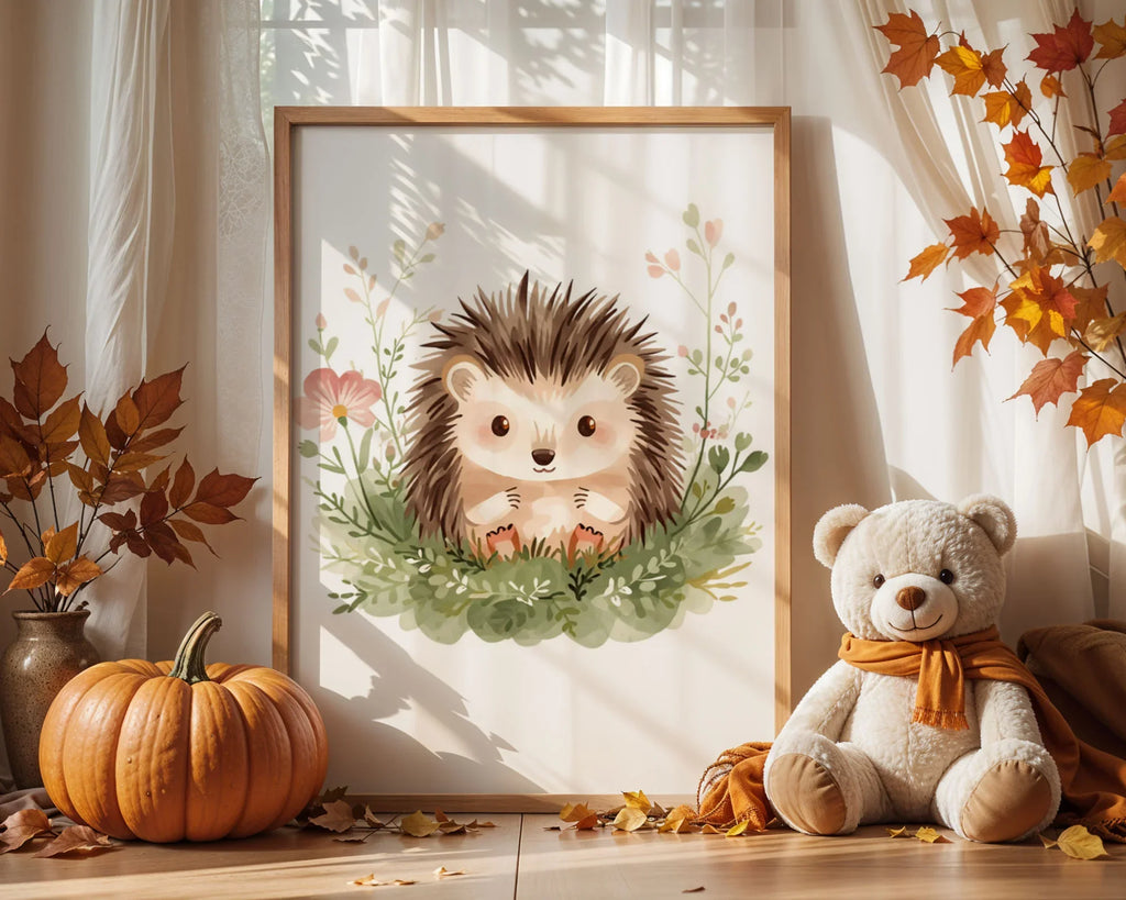 Enhanced Archival Matte A2 Classic White Frame - Large nursery print of sweet hedgehog character with warm earth-tone wildflowers and botanical design