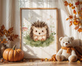 Enhanced Archival Matte A2 Classic White Frame - Large nursery print of sweet hedgehog character with warm earth-tone wildflowers and botanical design