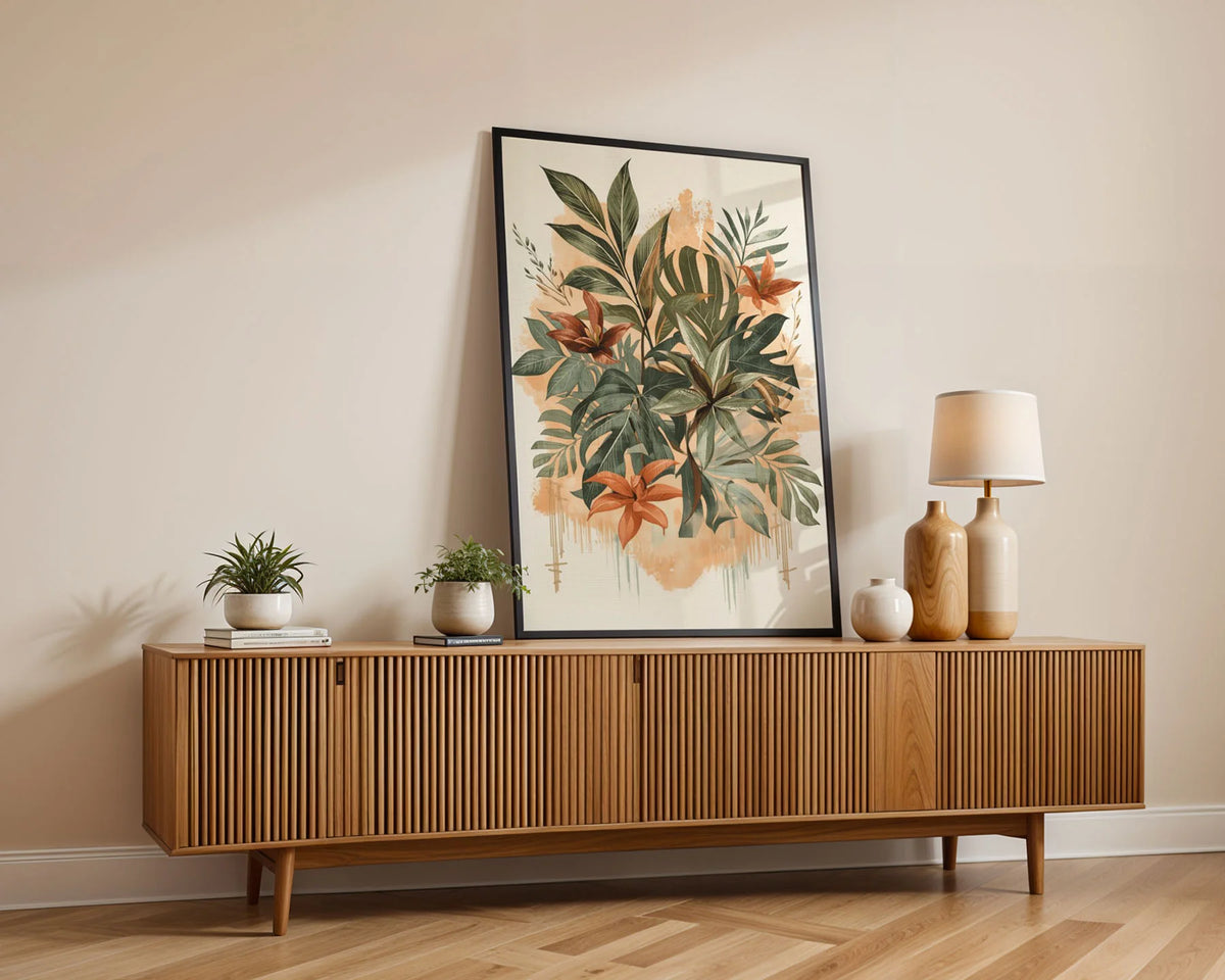 Framed Poster A4 Black Frame - Detailed botanical composition with green leaves, orange flowers, and splatter paint accents in boho style