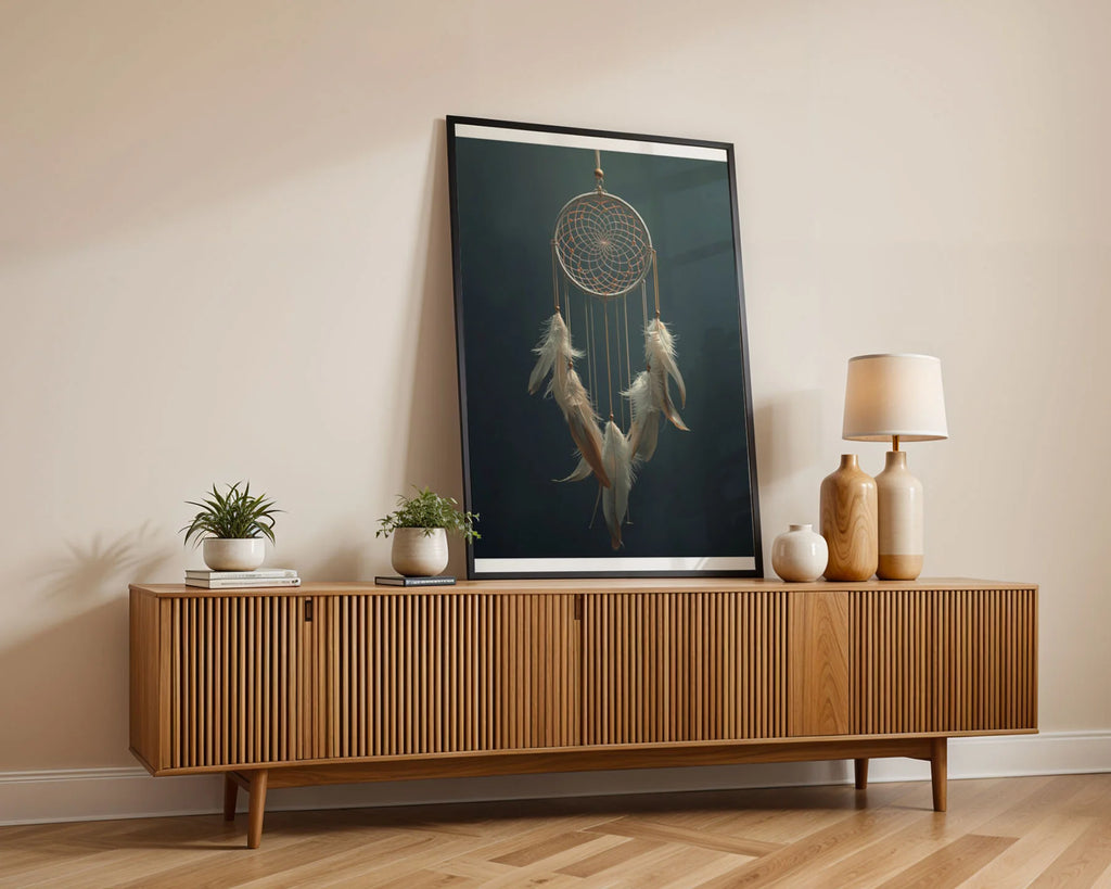 Framed Wall Art - Complete dreamcatcher design showing full composition with multiple feathers and hanging threads in warm, neutral palette