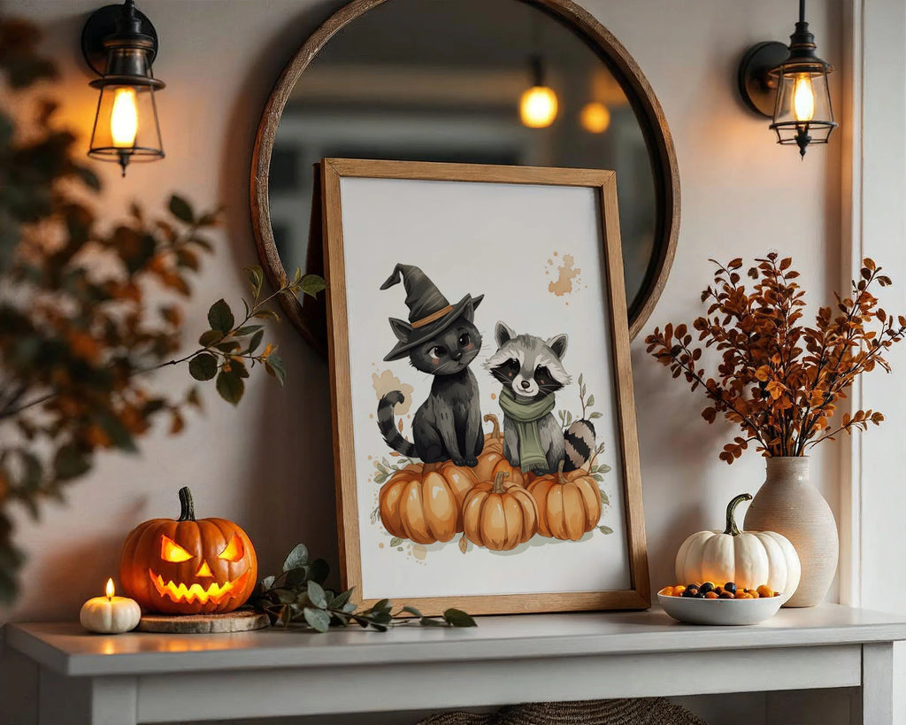 Framed Print A4 With Mount - Delicate seasonal illustration of woodland creatures with festive pumpkin patch and scattered autumn foliage