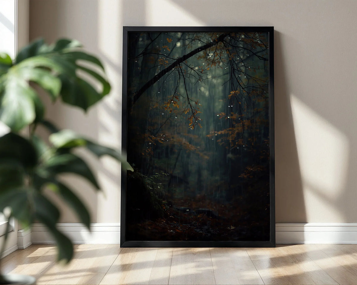 Framed Poster A4 Classic Black Frame - Serene rainy forest scene with backlit dewdrops sparkling on dark branches and bronze-toned foliage