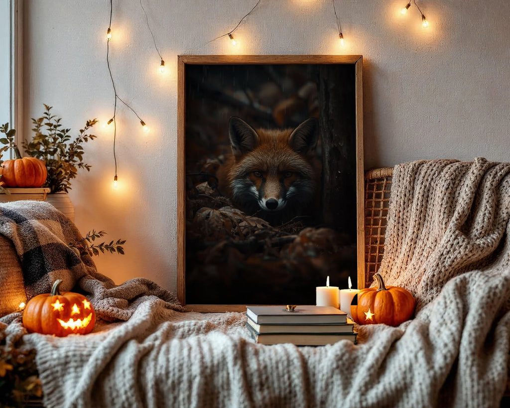 Framed Fox Print A3 Classic White - Moody wildlife fox portrait with layered brown and grey tones, cinematic lighting in white frame