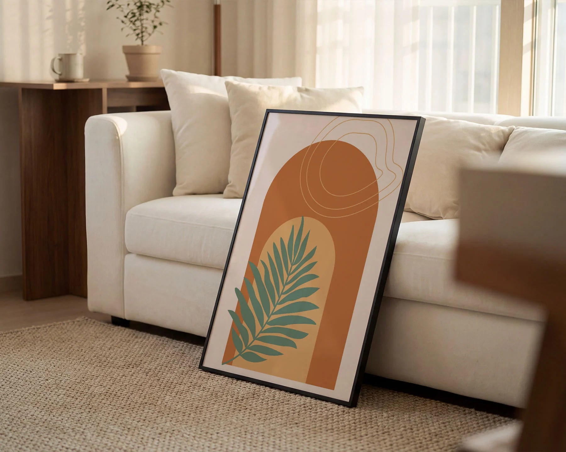 Framed Poster A4 Classic Wood Frame - Minimalist boho art with sage green palm frond design on cream backdrop, surrounded by warm terracotta geometric arch pattern with line details