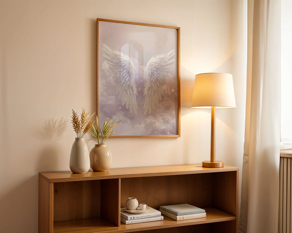 Framed Poster A4 Classic Wood Frame - Beautiful angel wings print featuring white feathers with purple undertones on dreamy background