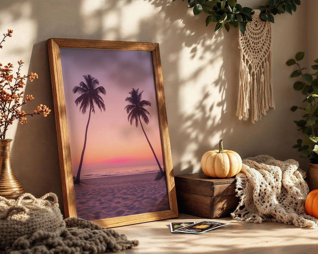 Framed Poster A2 Classic Black Frame - Expansive tropical beach art with palm tree silhouettes and stunning multi-tone sunset gradient from purple to orange