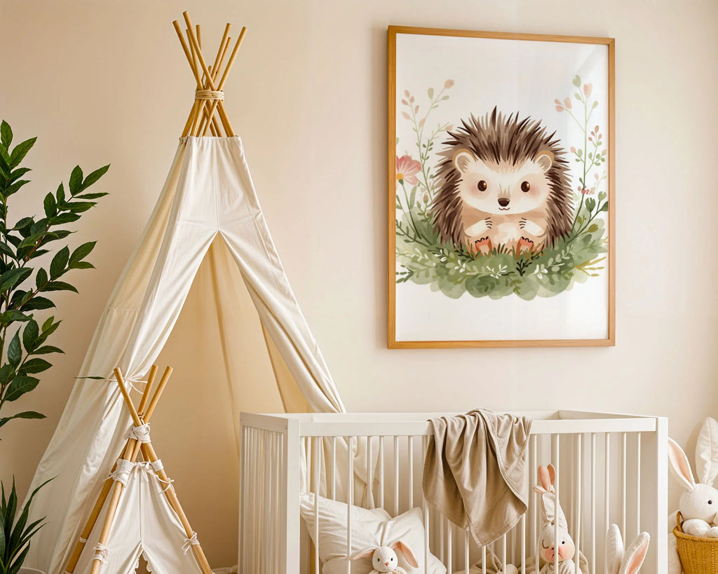 Framed Print A2 Wood Frame - Baby hedgehog print featuring delicate florals and nature elements in calming earth tones