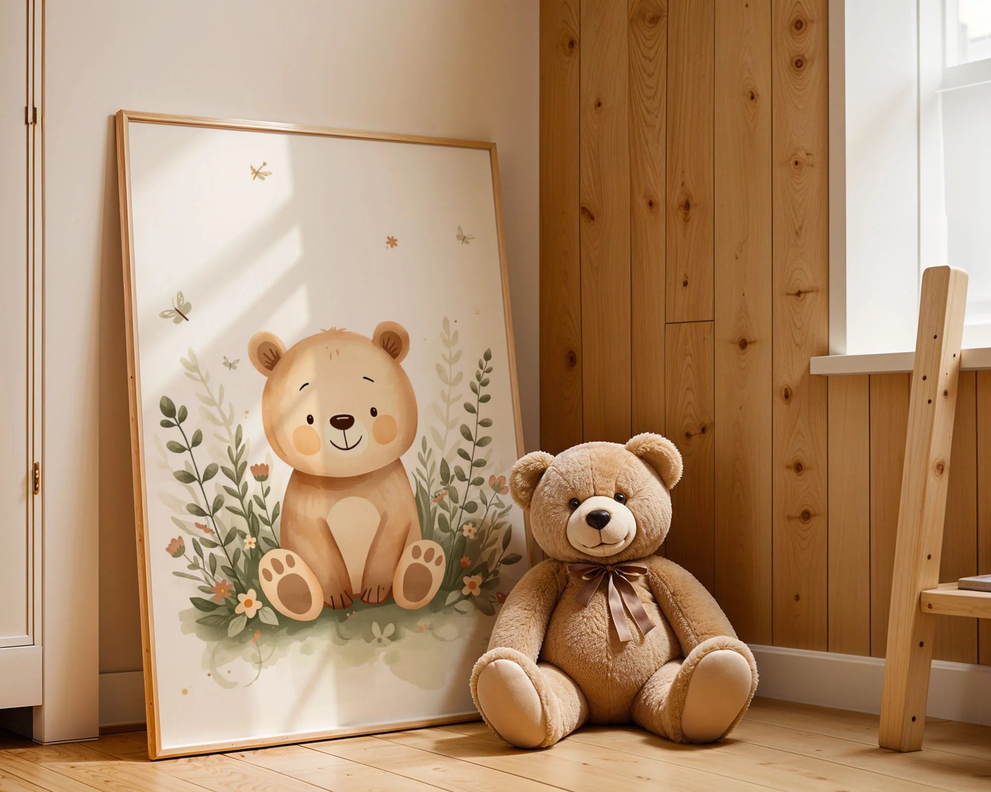 Framed Poster A3 Classic White Frame - Sweet bear character with gentle expression surrounded by botanical branches and small woodland creatures