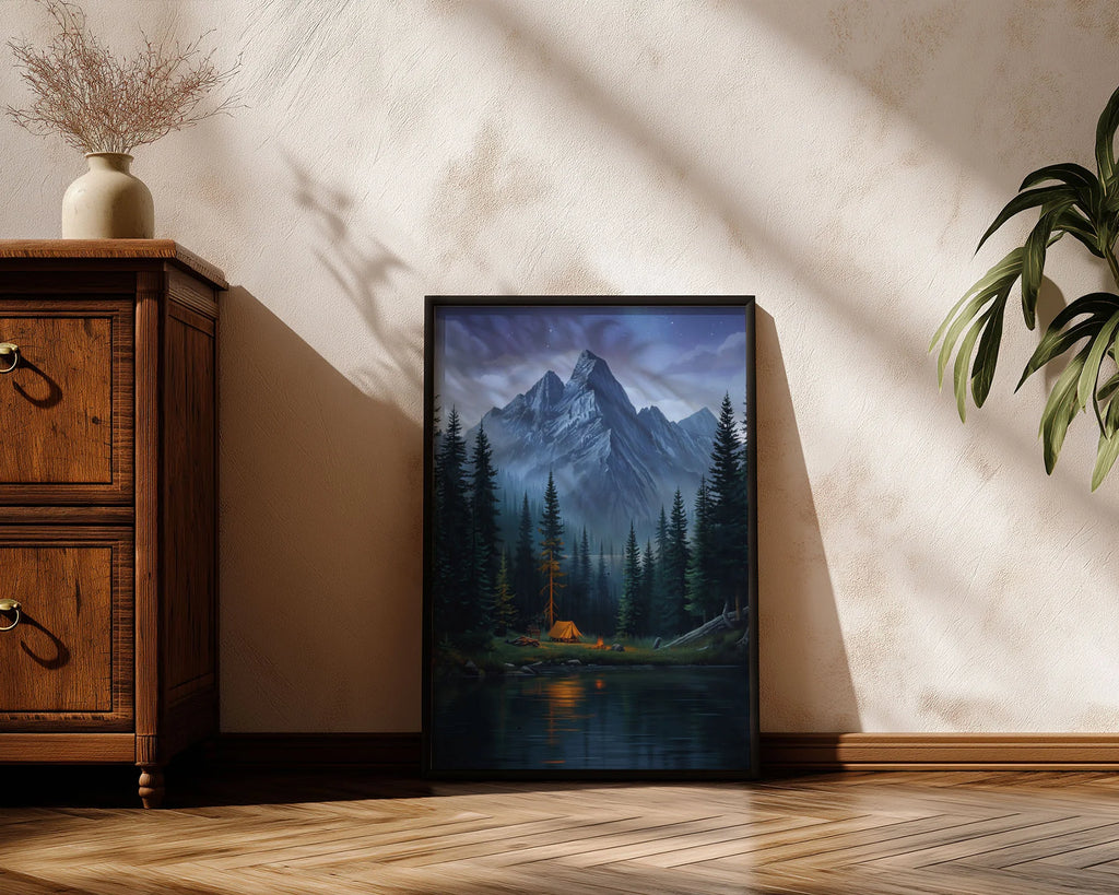 Framed Poster A3 White Frame - Cozy campfire scene framed by dark forest trees and towering peaks