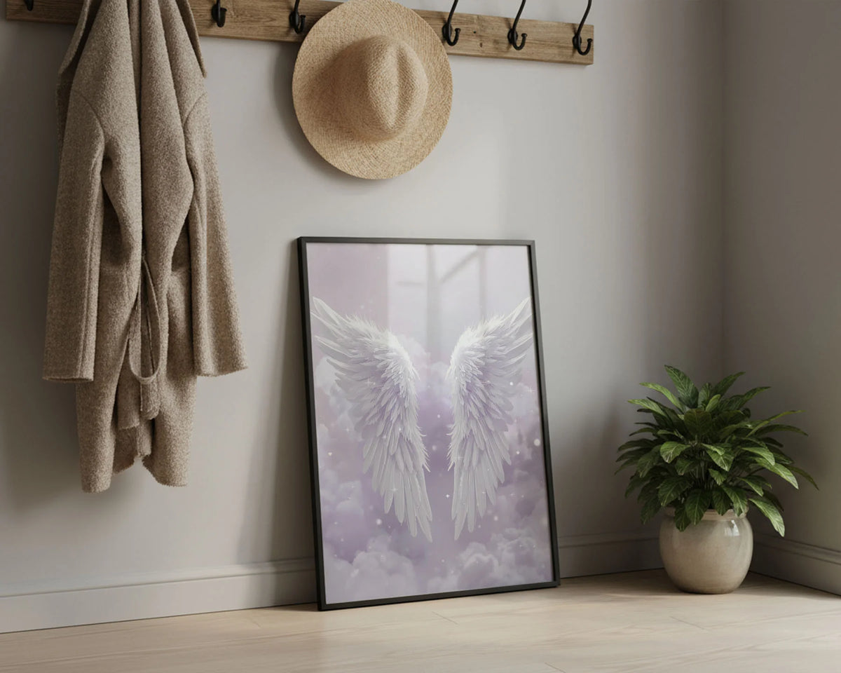 Framed Poster A2 Classic Black Frame - Large scale spiritual wings art with serene lavender tones and glowing light accents