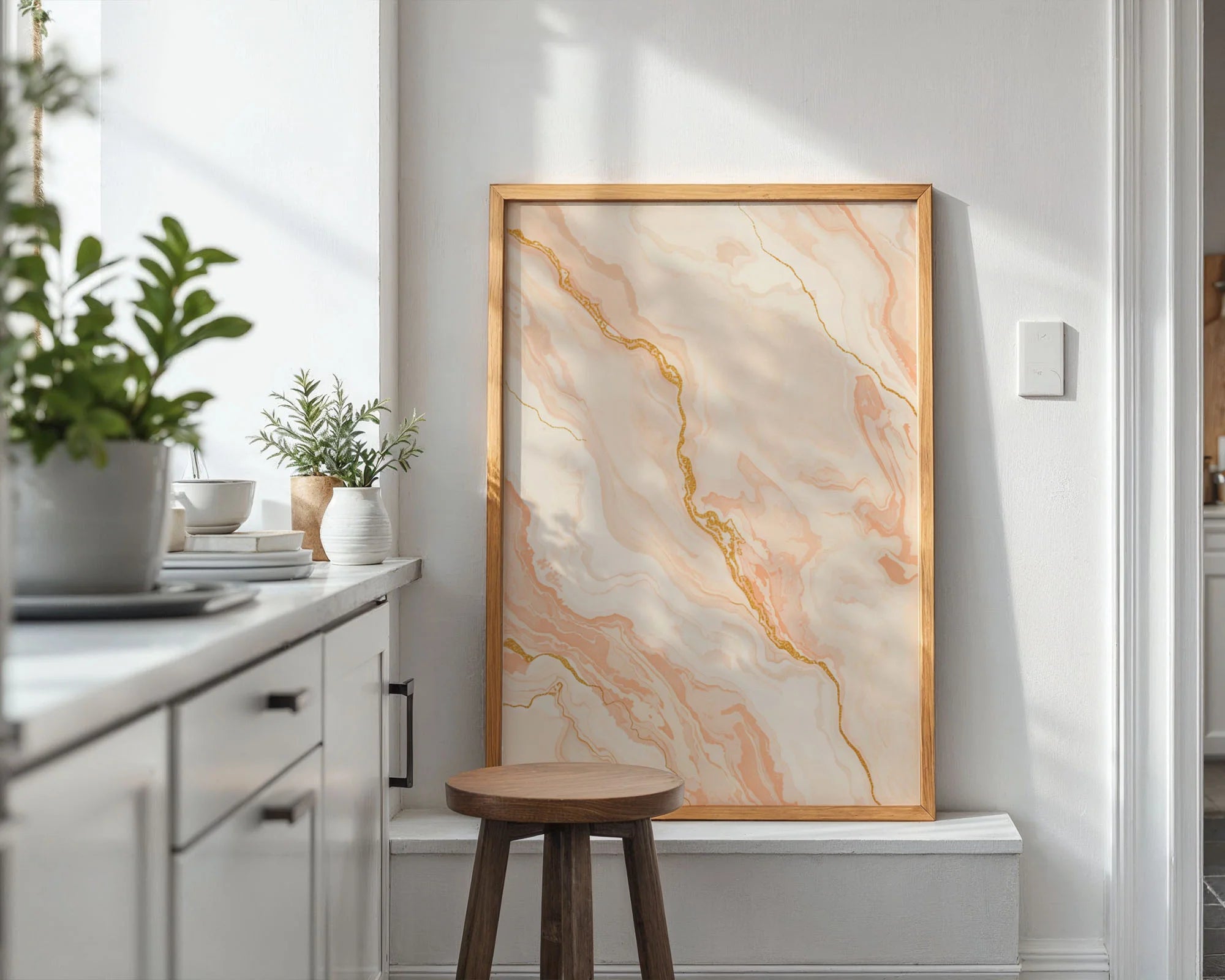 Peach Marble Framed Print Collection - Multiple sizes displayed showing coordinated marble artwork with warm peachy tones and golden accents