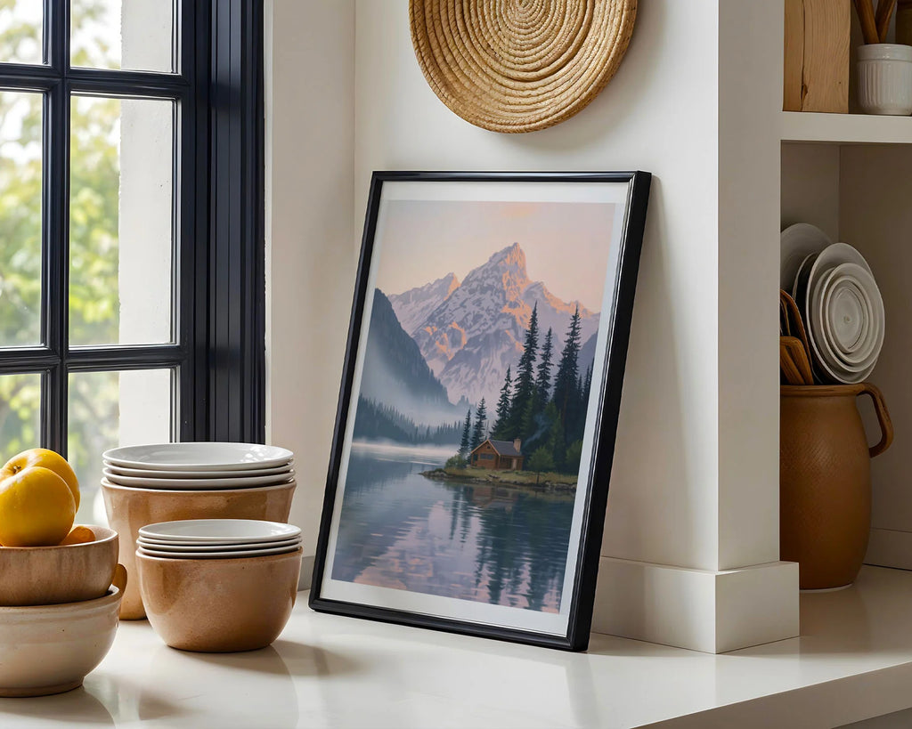 Framed Poster A4 White Frame - Tranquil alpine landscape with wooden cabin, misty valley, and majestic mountain in warm tones