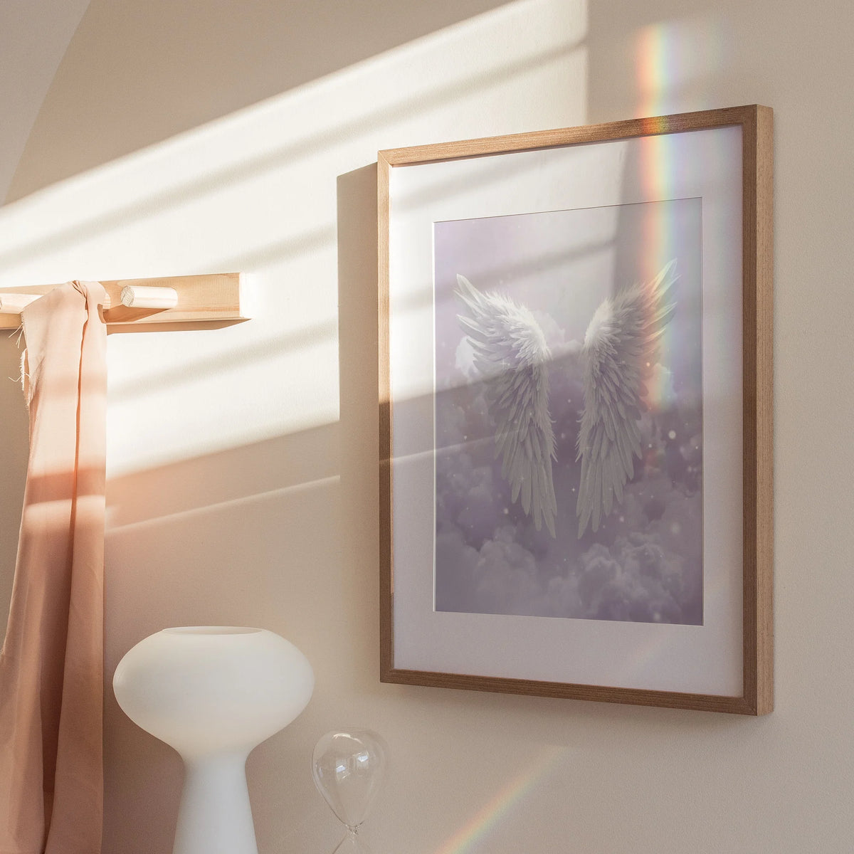 Framed Poster A2 Classic White Frame - Expansive heavenly wings piece showcasing delicate feather details and calming purple palette