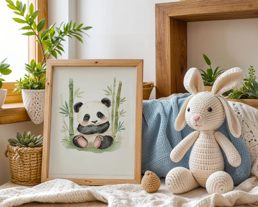 Panda Bamboo Nursery Print - Complete framed artwork showing cute panda character nestled between green bamboo stalks for peaceful nursery display
