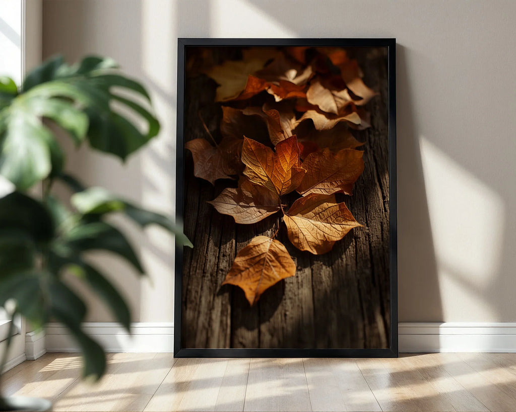 Framed Poster A3 Classic White Frame - Seasonal leaf arrangement showing fine detail of leaf veins in warm autumn colours with dramatic lighting