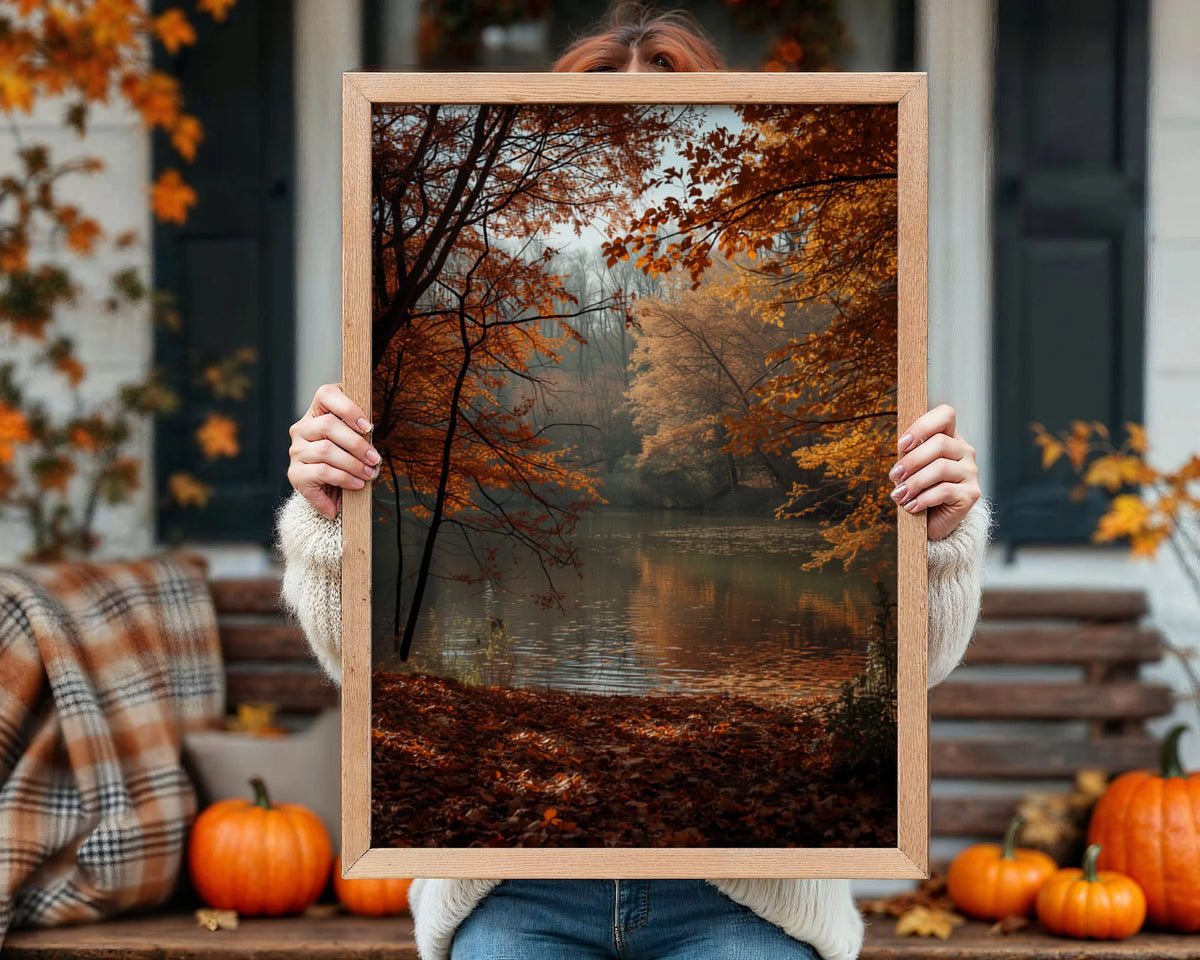 Framed Poster A3 Classic Black Frame - Expansive autumn forest scene with rich orange foliage, still water, and atmospheric mist