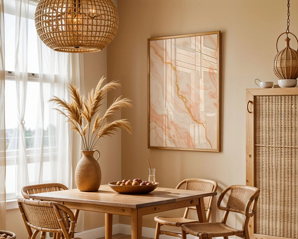 Framed Peach Marble Print A2 Wood Frame - Oversized marble artwork displaying soft warm tones with shimmering golden accents throughout composition