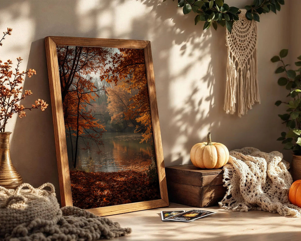 Framed Poster A2 Classic White Frame - Expansive forest lake scene with warm orange tones and graceful tree branches overhead
