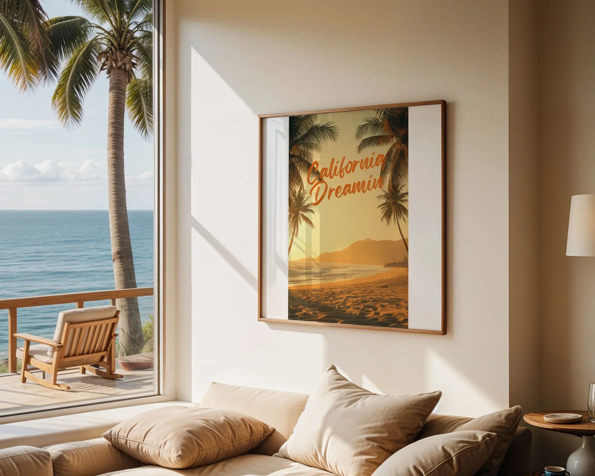 Framed Poster A4 Wood Frame - Vintage-inspired California map artwork with iconic landmarks and travel route illustrations