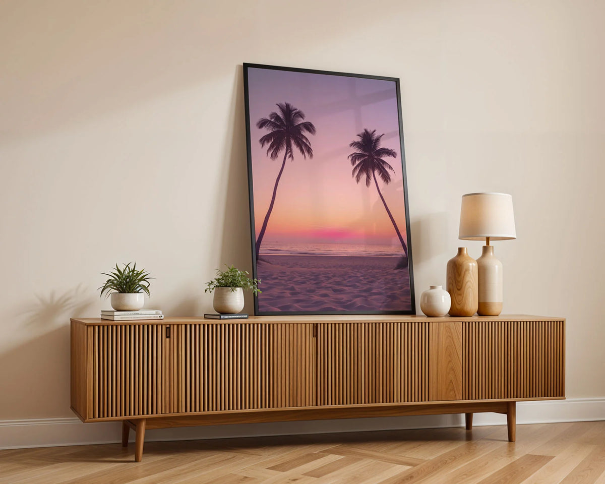 Framed Poster A4 Classic White Frame - Serene tropical sunset scene with palm fronds framing a beautiful purple and pink gradient over the horizon
