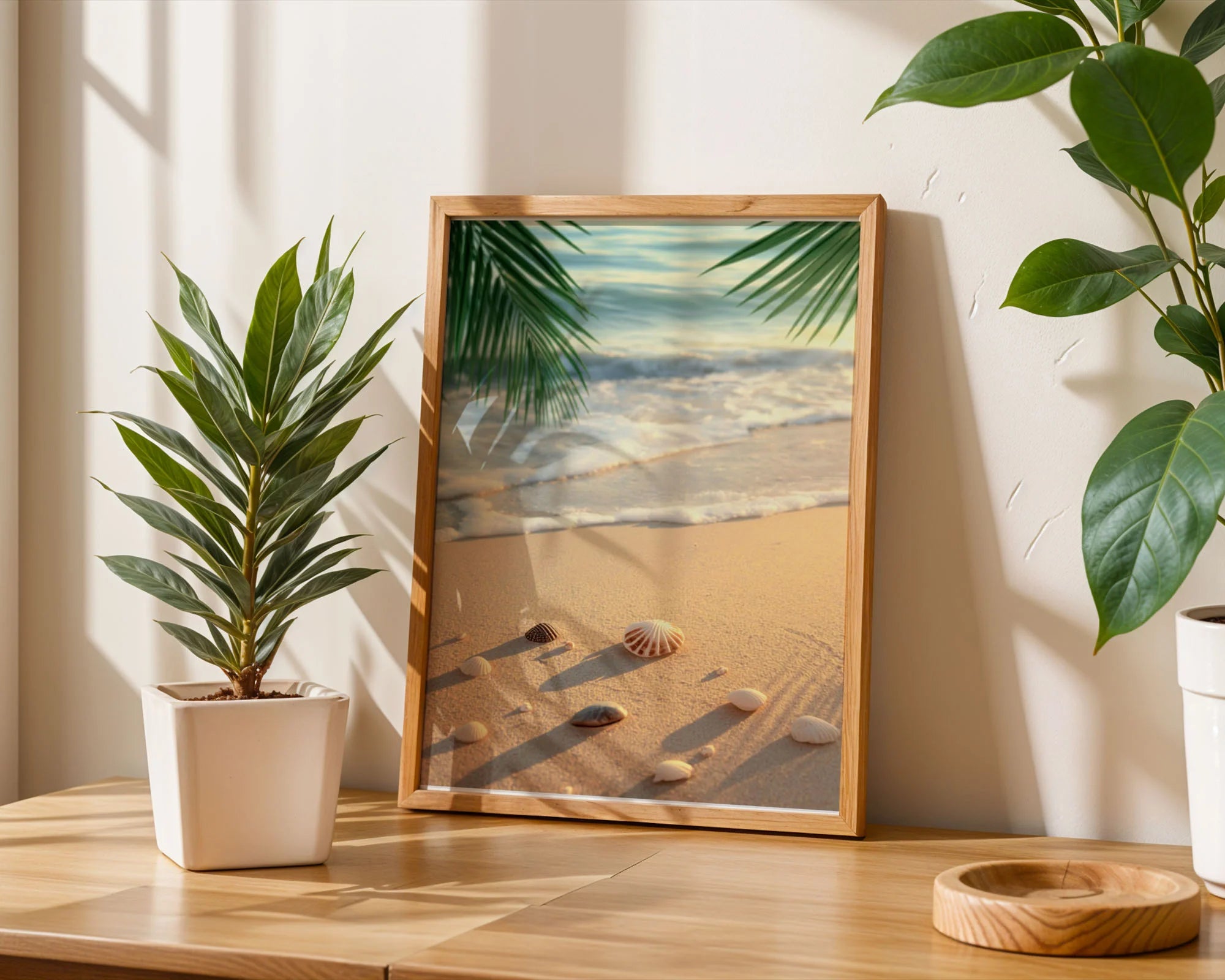 Framed Poster A4 Natural Wood Frame - Detailed seashell arrangement on beach sand with ocean waves and palm tree leaves creating tropical relaxation scene