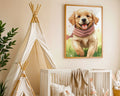 Mounted Framed Print A4 - Cute golden retriever puppy in pink scarf running through flower field with watercolor style background