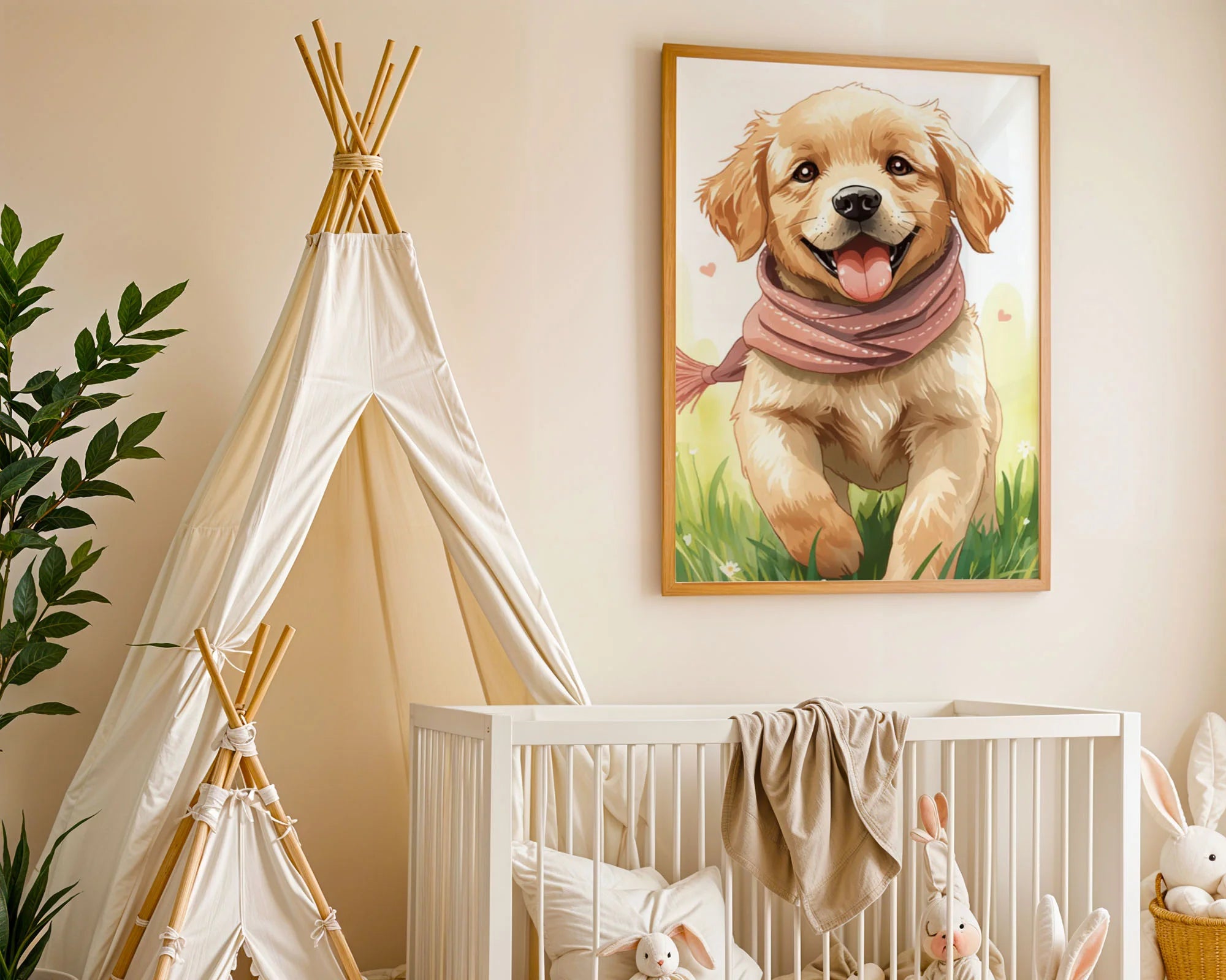 Mounted Framed Print A4 - Cute golden retriever puppy in pink scarf running through flower field with watercolor style background