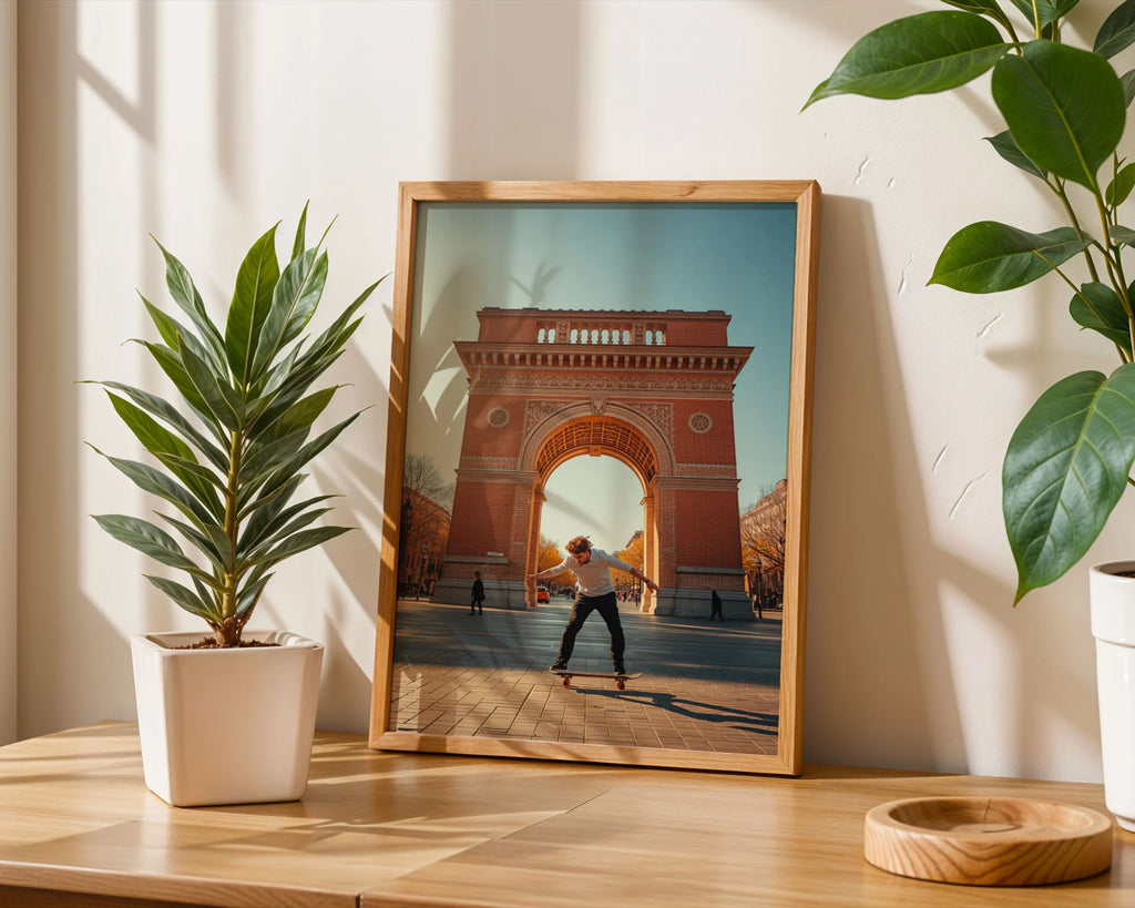 Framed Poster Unframed Print - Golden-lit urban architecture print showing skateboarder and iconic Arc de Triomf with rich color depth
