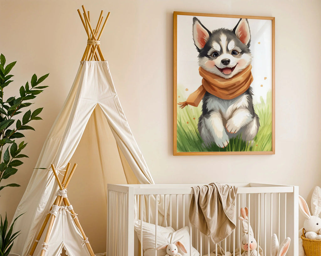 Mounted Print A4 - Adorable husky puppy portrait in scarf style artwork with playful expression