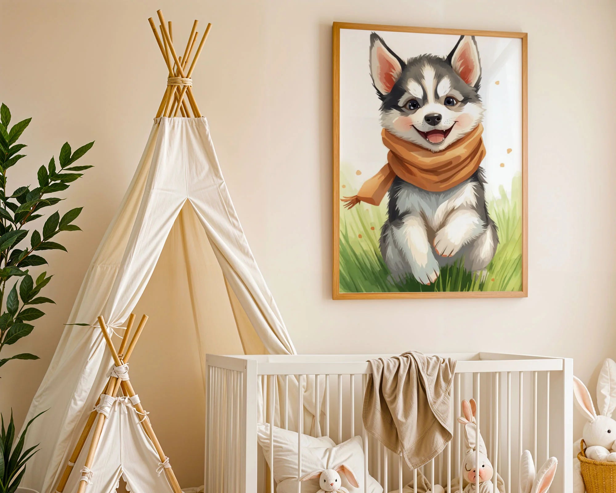 Mounted Print A4 - Adorable husky puppy portrait in scarf style artwork with playful expression