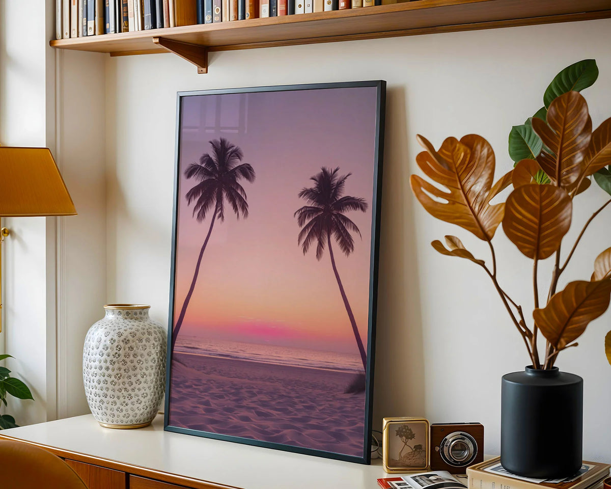 Framed Poster A2 Classic White Frame - Large scale beach sunset print showing palm tree silhouettes against a breathtaking gradient sky and calm ocean