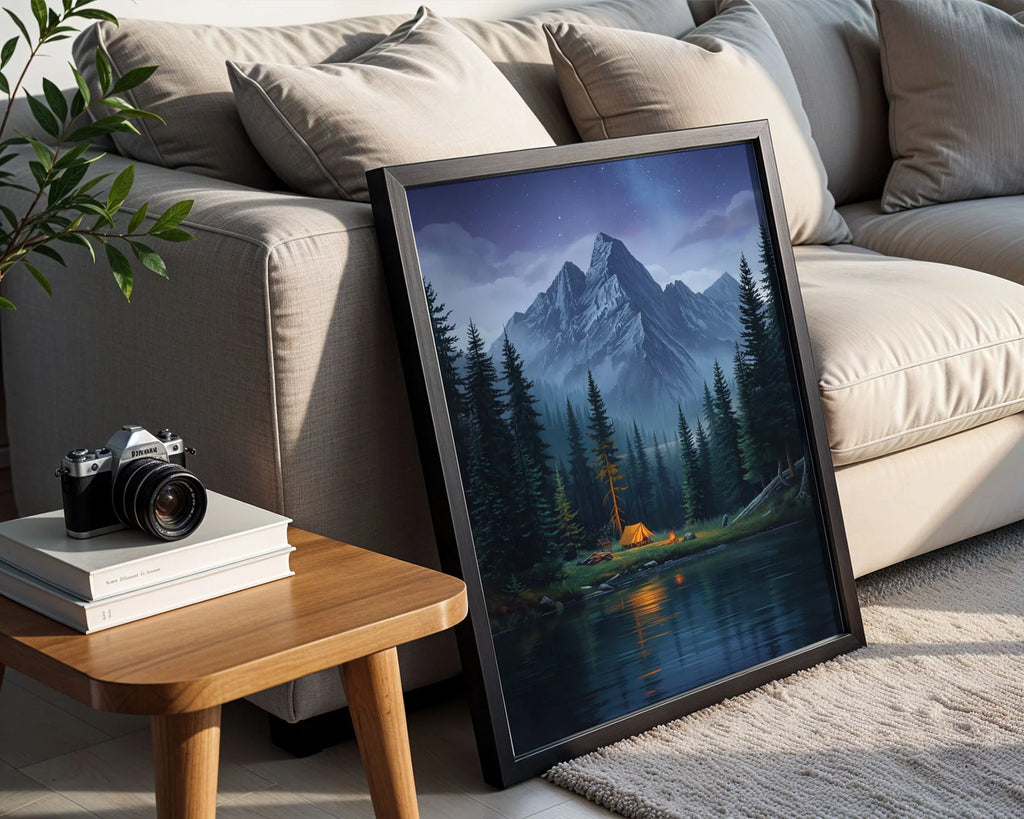 Framed Poster A3 Black Frame - Peaceful wilderness landscape with snow mountains and starry night sky